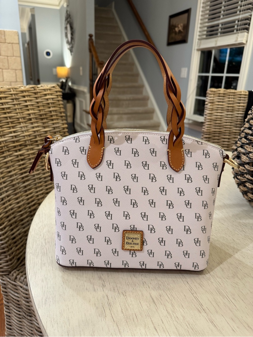 Dooney & Bourke White Logo Celeste Domed Satchel with Braided Leather Handles